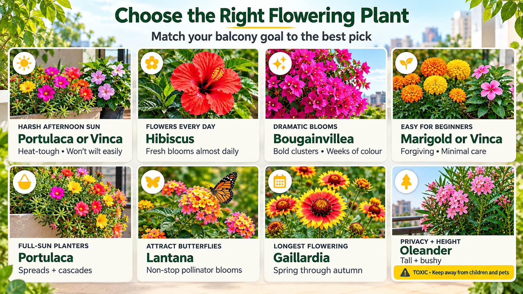 Best flowering plants for a sunny Bangalore balcony including Bougainvillea, Hibiscus, Portulaca, and Vinca